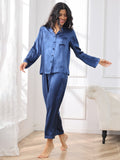 SilkSilky-NL Lange Mouw Revers Dames Pyjama Set Donkerblauw 004