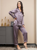 SilkSilky NL Pure Silk Lange Mouw Revers Dames Pyjama Set PaarsGrijs 005