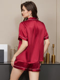 SilkSilky-NL Korte Mouw Revers Dames Pyjama Set Wijn 002