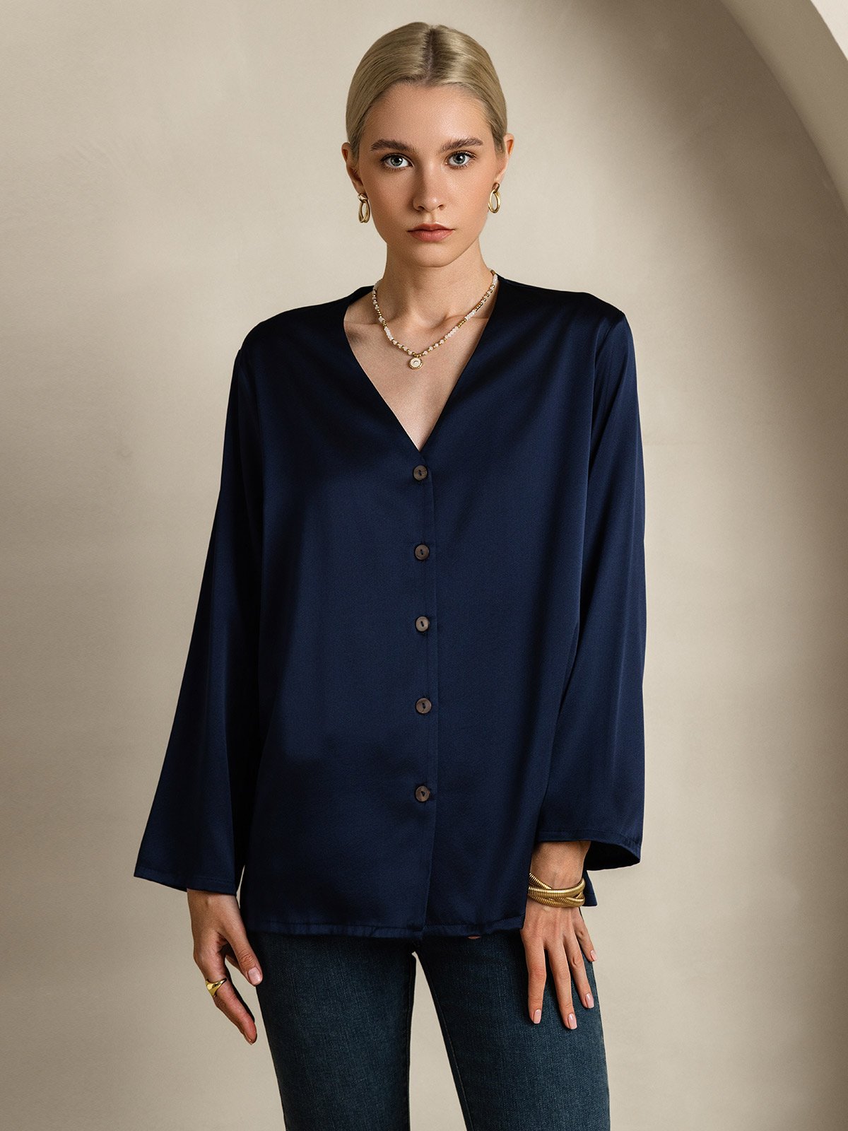 [Donkerblauw] SilkSilky-NL 19Momme Zijde V-Hals Dames Blouse 003