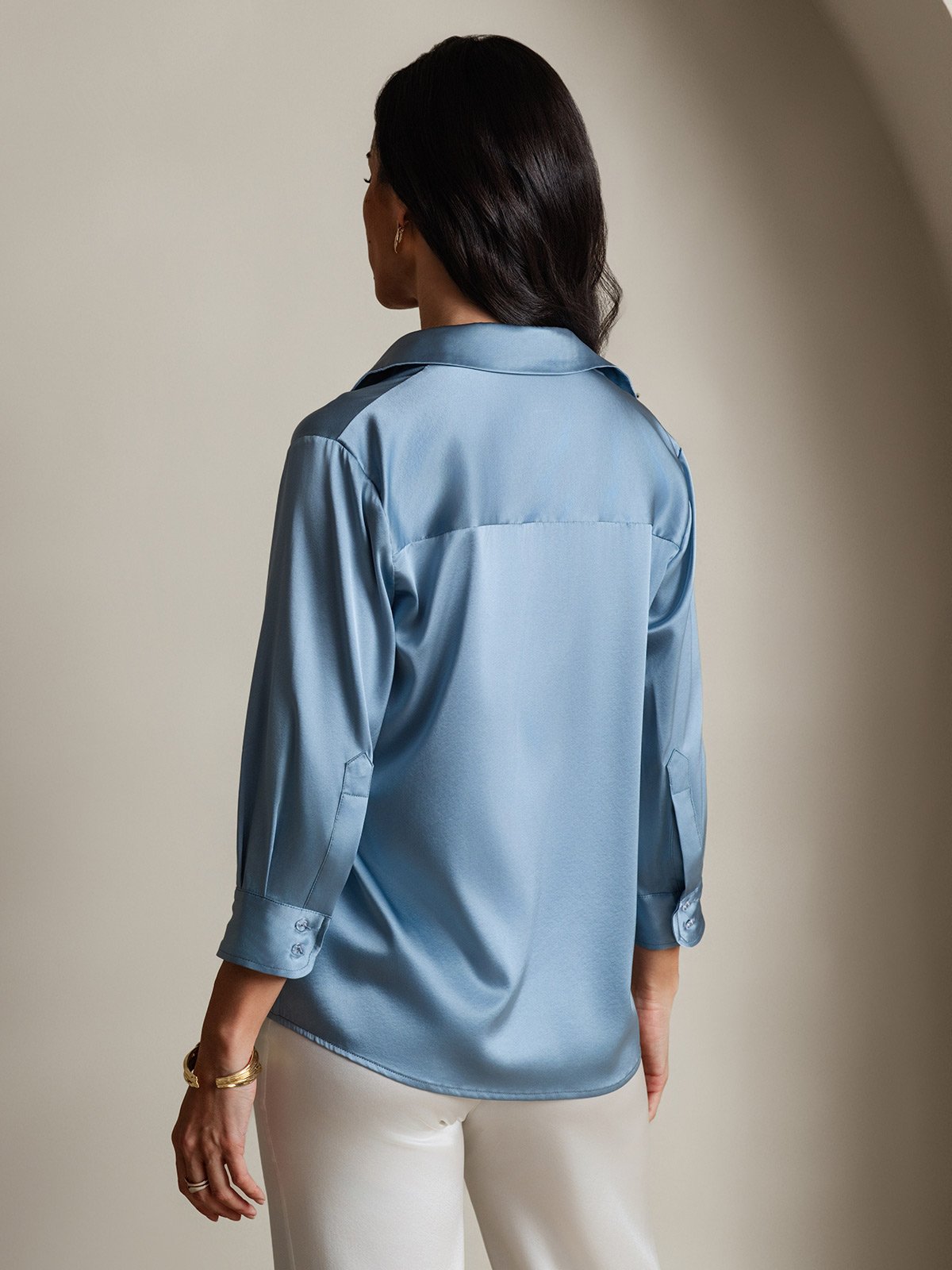 [Grijsachtig Blauw] SilkSilky-NL 3/4 Sleeve Lapel Collar Dames Blouse 002