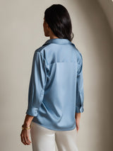 [Grijsachtig Blauw] SilkSilky-NL 3/4 Sleeve Lapel Collar Dames Blouse 002