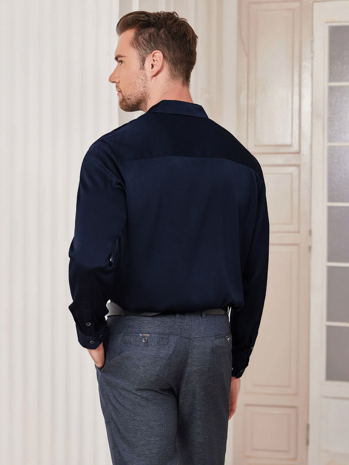 [Donkerblauw] SilkSilky-NL Zijde Kraag Heren Shirt 004