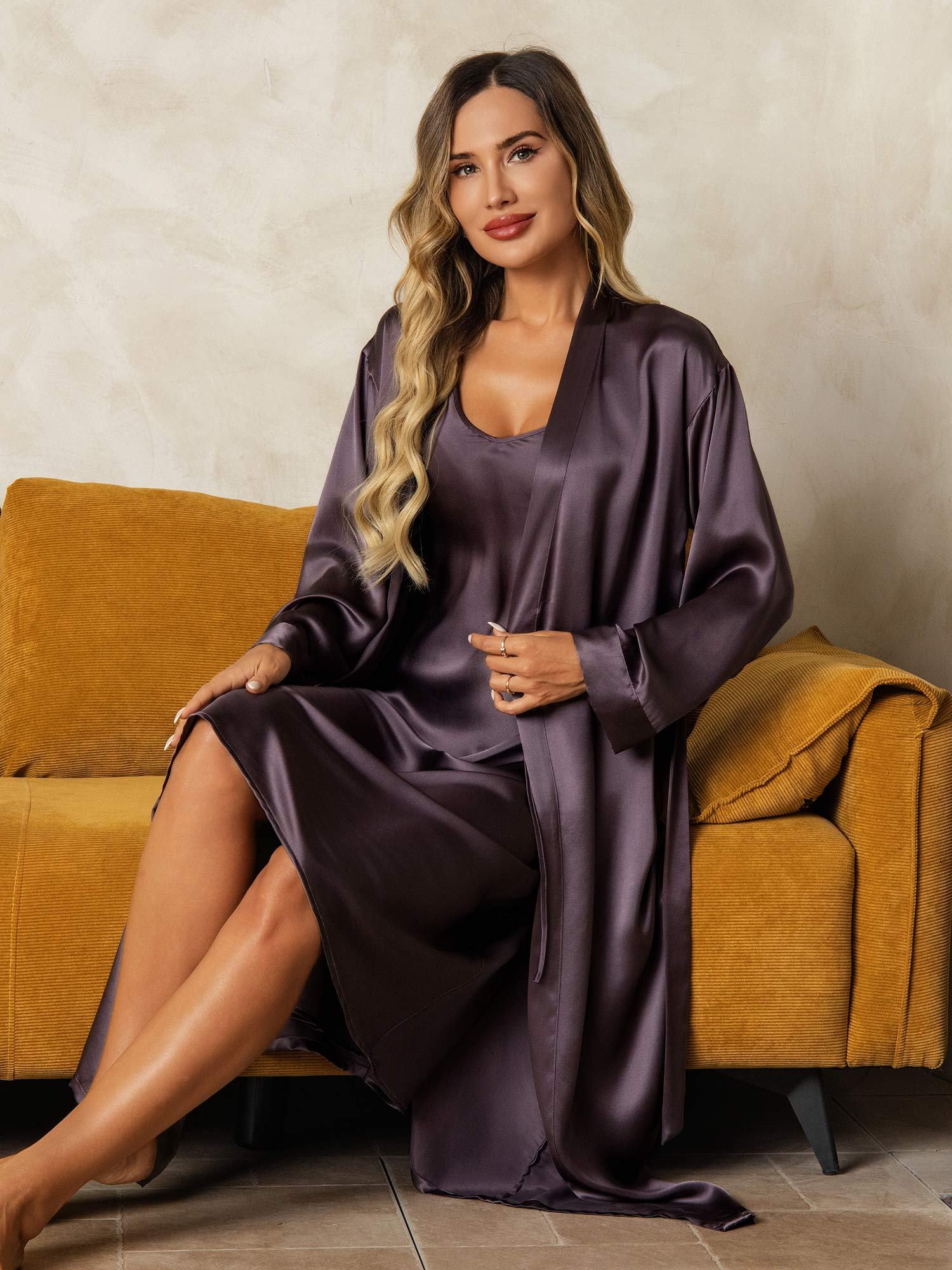 [PaarsGrijs] SilkSilky-NL Zijde Nightgown&Robe Set 008