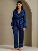 [Donkerblauw] SilkSilky-NL Long Sleeve Shawl Collar Dames Pyjama Set 005