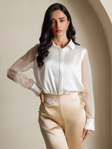[Wit] SilkSilky-NL Long Sleeve Lapel Collar Dames Blouse 003