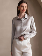 [Lichtgrijs] SilkSilky-NL Long Sleeve Lapel Collar Dames Blouse 001