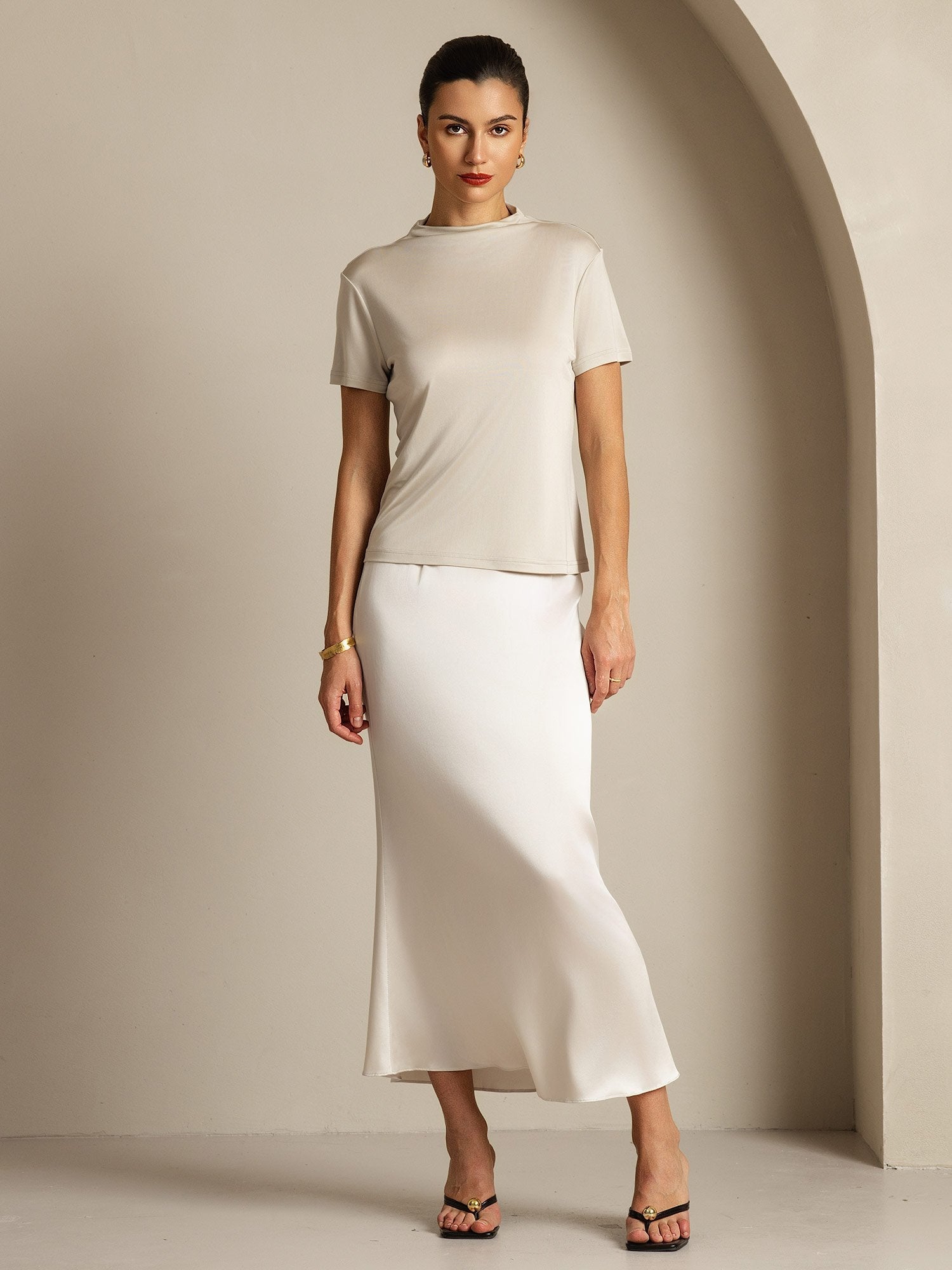 [Grijs] SilkSilky-NL Zijde Kraag Dames T-Shirt 008