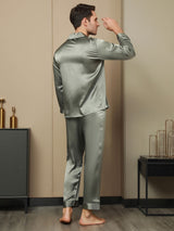 [Grijsachtig Groen] SilkSilky-NL Pure Silk Lange Mouw Revers Heren Pyjama Set 002