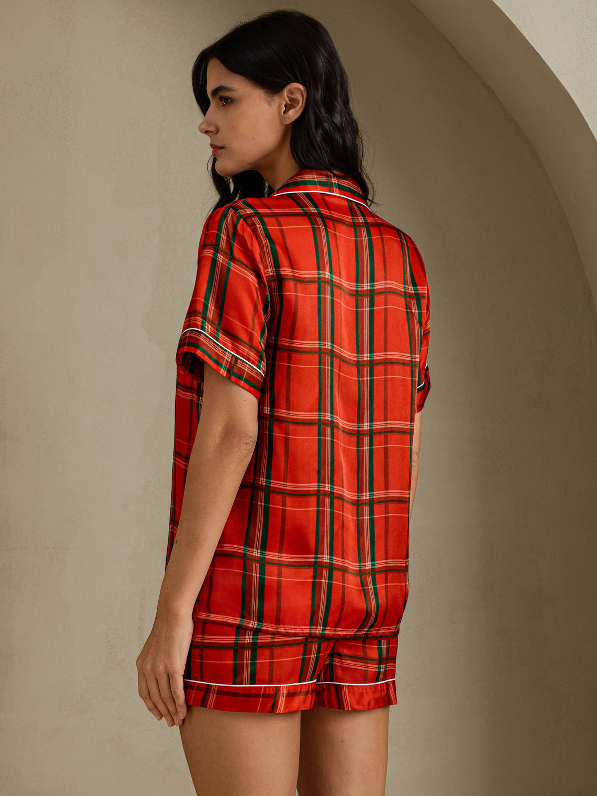 [Rood Geruit] SilkSilky-NL Short Sleeve Notch Collar Dames Pyjama Set 002