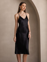 [Zwart] SilkSilky-NL Pure Silk Mouwloos V-Hals Jurk 004