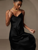 [Zwart] SilkSilky-NL Spaghetti Bandjes Waterval Hals Jurk 006