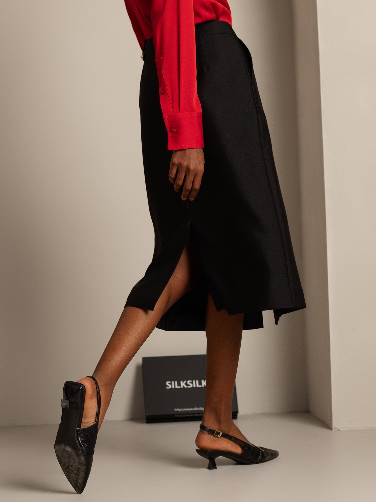 [Zwart] SilkSilky-NL 32Momme Silk-Wool Blend Skirt 002,