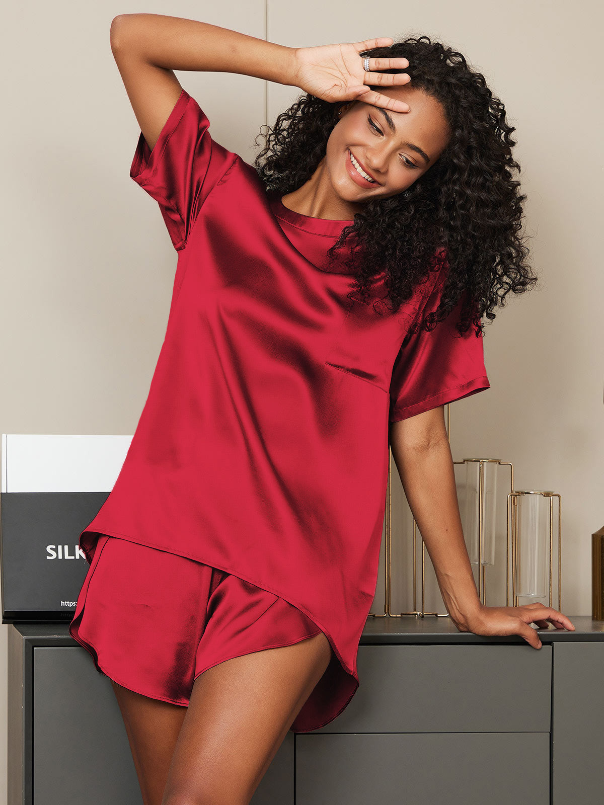 [Wijn] SilkSilky-NL Ronde Hals Dames Pyjama Set 001