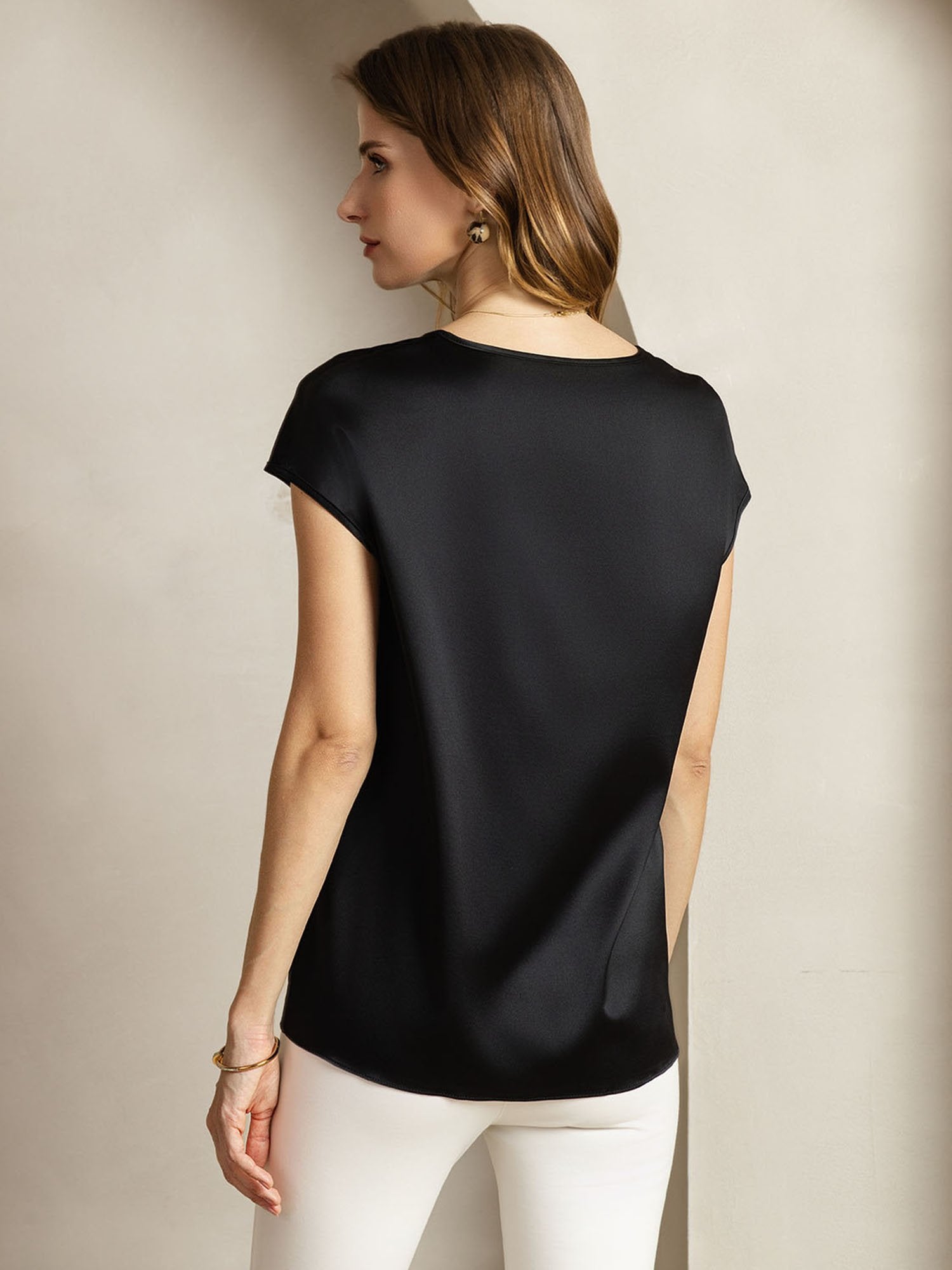 [Zwart] SilkSilky-NL 19Momme Zijde Halternek Dames T-Shirt 002
