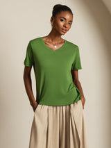 [Groen] SilkSilky-NL Short Sleeve V Neck Dames T-Shirt 001