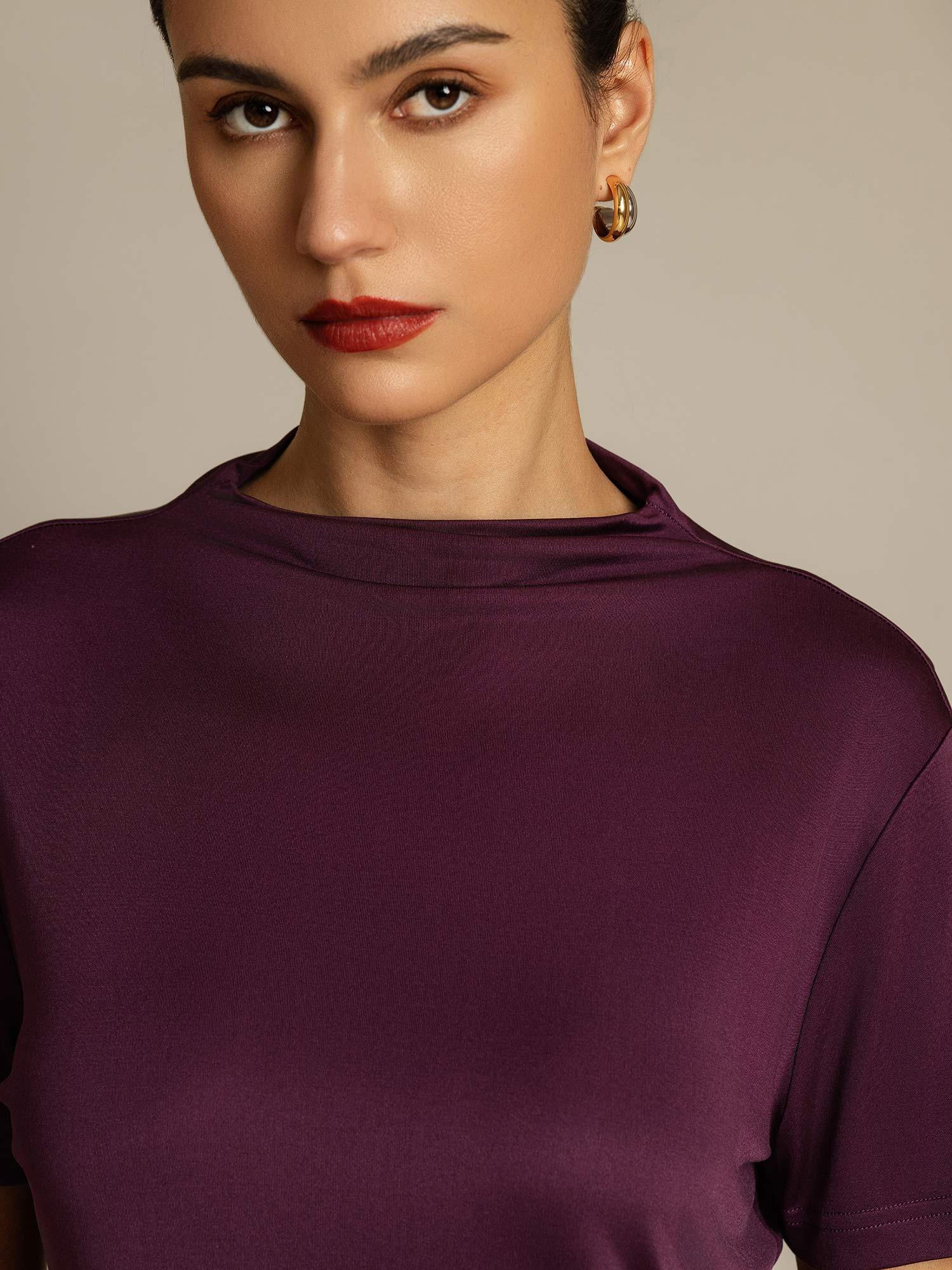 [Paars] SilkSilky-NL Korte Mouw Col Montant Dames T-Shirt 004