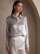 [Lichtgrijs] SilkSilky-NL Long Sleeve Lapel Collar Dames Blouse 003