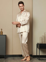 [Tan] SilkSilky-NL Pure Silk Lange Mouw Revers Heren Pyjama Set 002
