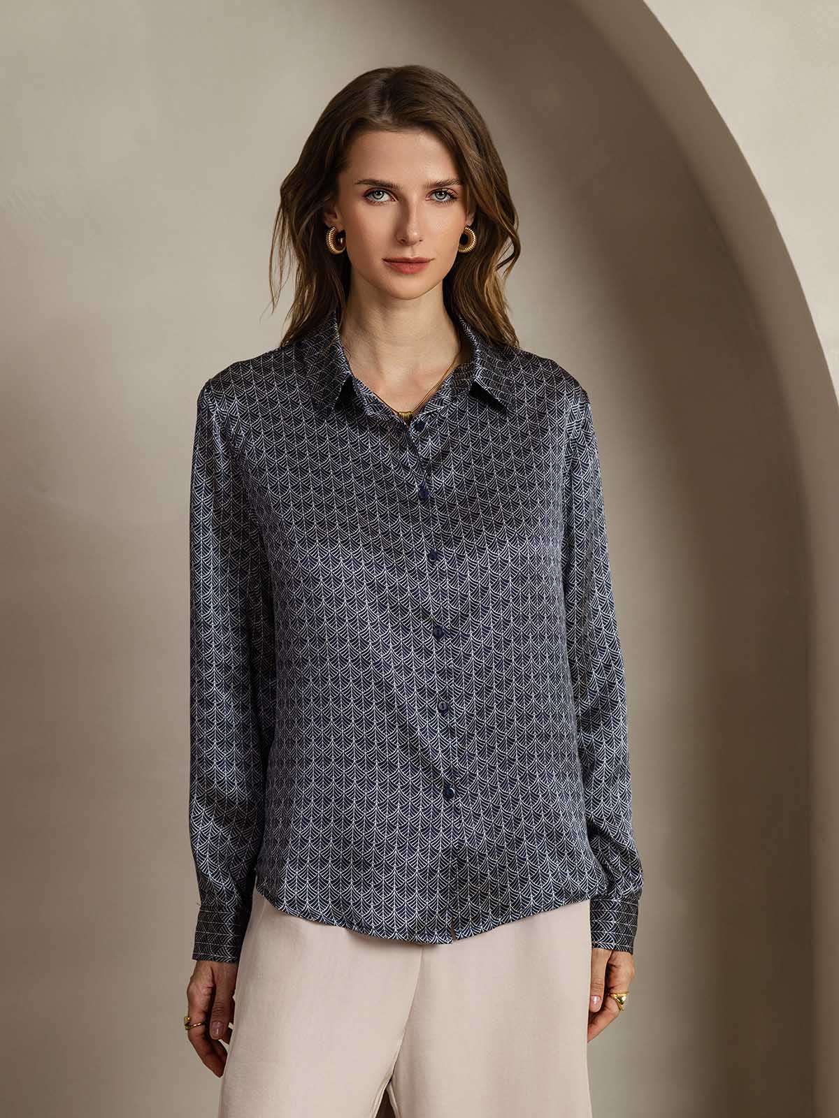 [Marine Ginkgo] SilkSilky-NL Zijde Kraag Dames Blouse 001