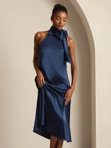 [Donkerblauw] SilkSilky-NL Sleeveless Tie Neck Jurk 007