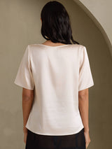 [Beige] SilkSilky-NL Short Sleeve Cowl Neck Blouse 002