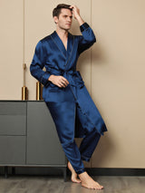 [Donkerblauw] SilkSilky-NL Pure Silk Lange Mouw Revers Heren Kamerjas 005
