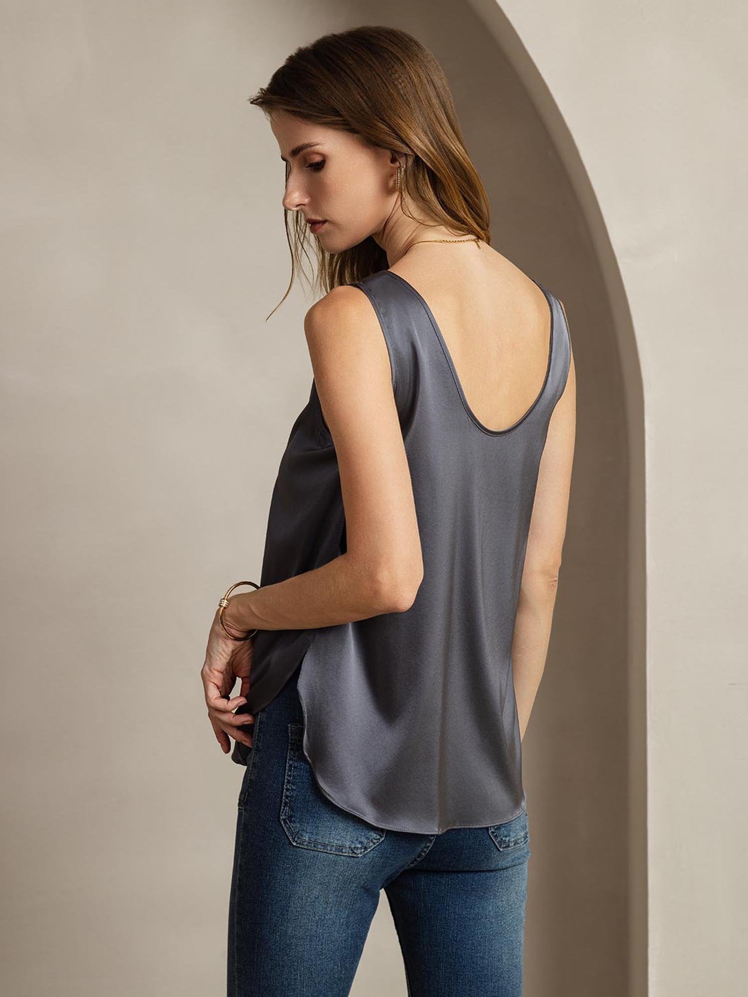 [Donkergrijs] SilkSilky-NL 19Momme Zijde Womens T-Shirt 003