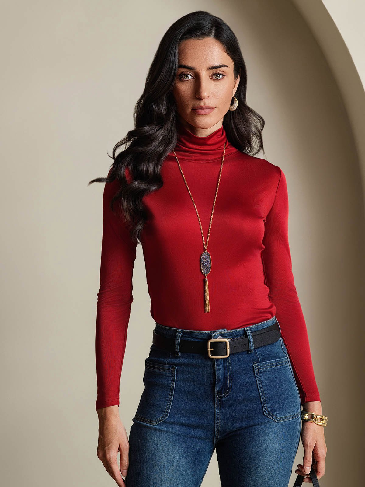 [Wijn] SilkSilky-NL Lange Mouw Coltrui Hals Dames T-Shirt 001