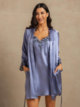 [Staal Blauw] SilkSilky-NL 3/4 Sleeve V Neck Nachthemd&Kamerjas Set 007