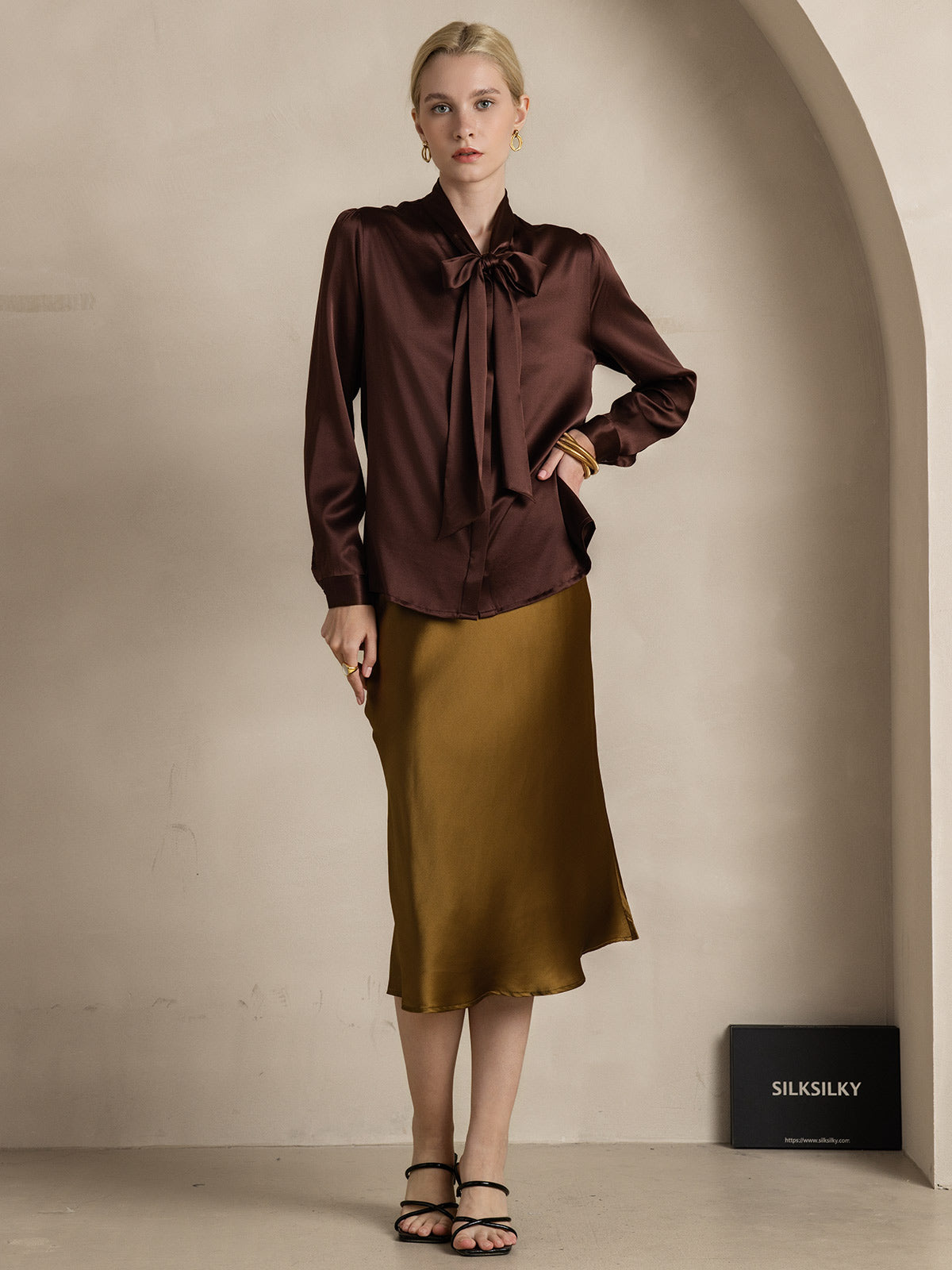 [Koffie] SilkSilky-NL 19Momme Zijde Lange Mouw Binda Hals Dames Blouse 006