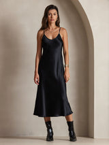 [Zwart] SilkSilky-NL Spaghetti Strap V Neck Jurk 003