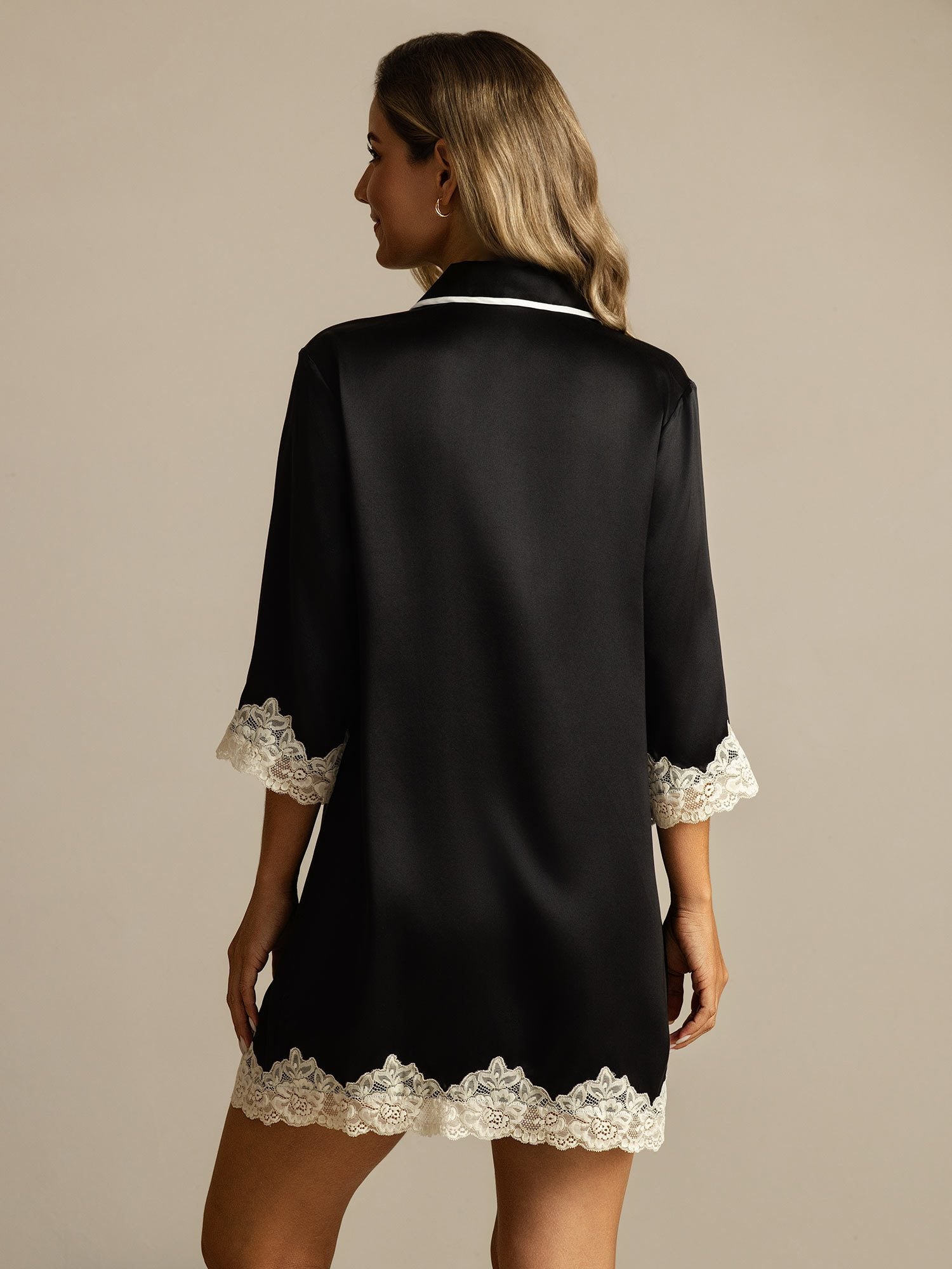 [Zwart] SilkSilky-NL Zijde Kraag Slaap Hemd 002
