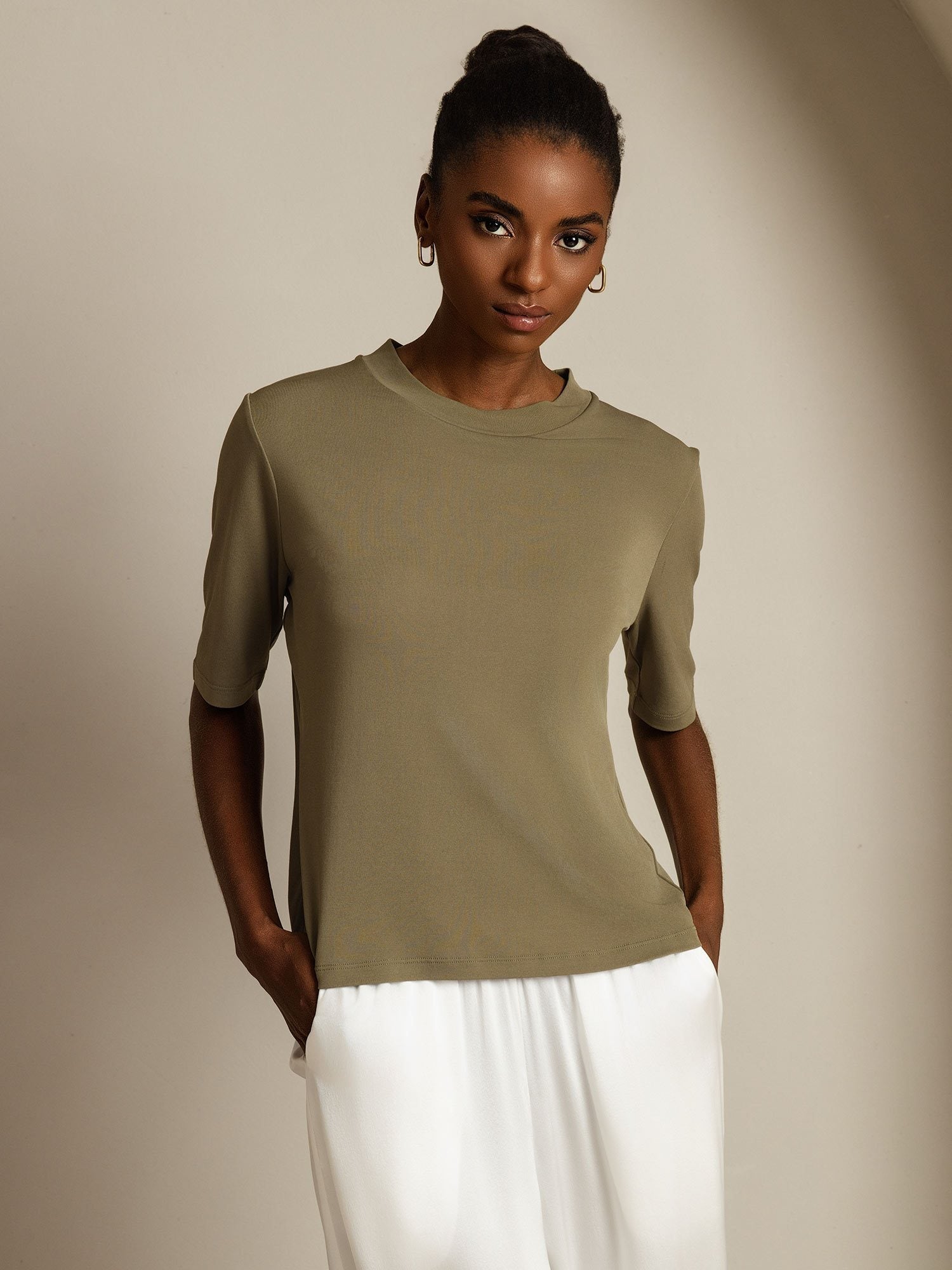 [Gebrande Olijf] SilkSilky-NL Zijde Ronde Hals Dames T-Shirt 003