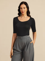 [Zwart] SilkSilky-NL Half Sleeve Diepe Ronde Hals Dames T-Shirt 005
