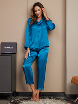 [Koningsblauw] SilkSilky-NL Long Sleeve Lapel Collar Dames Pyjama Set 003