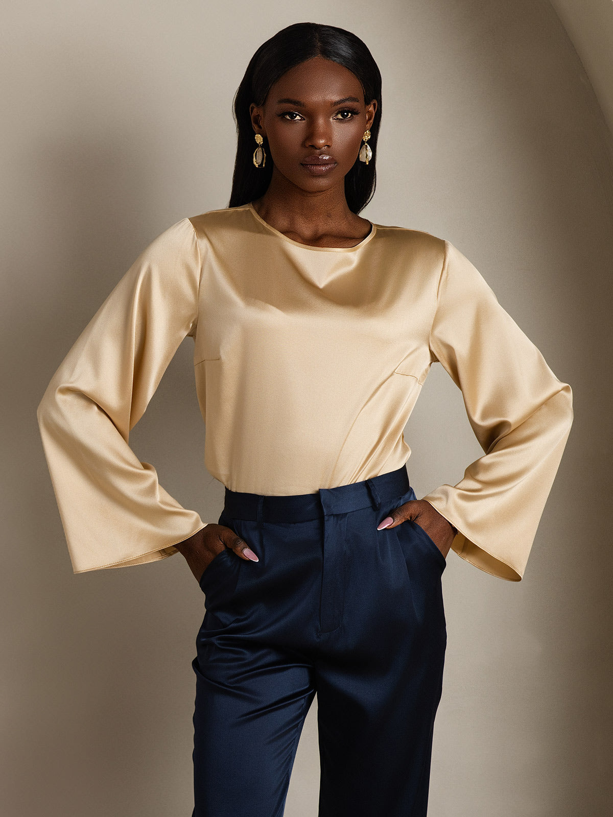 [Champagne] SilkSilky-NL 19Momme Lange Mouw Boat Hals Blouse 002