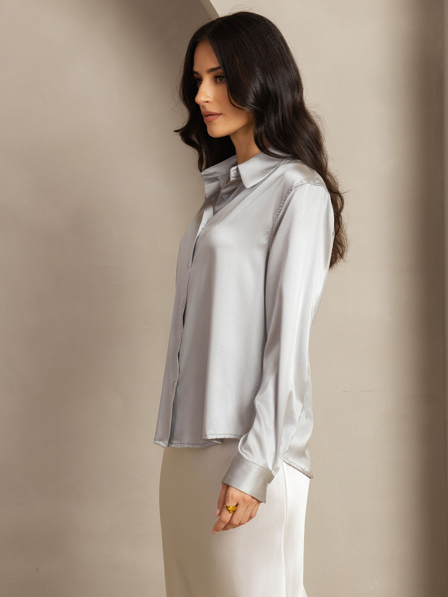 [Lichtgrijs] SilkSilky-NL 19Momme Lange Mouw Reverskraag Dames Blouse 003