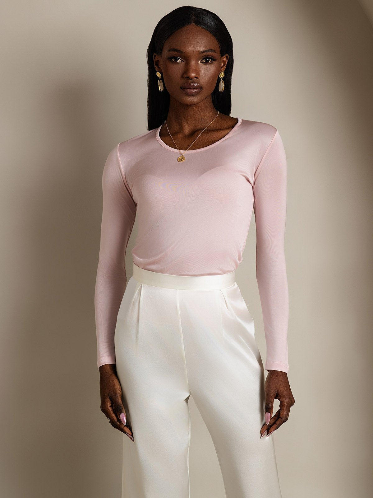 [Koraalroze] SilkSilky-NL Zijde Ronde Hals Dames T-Shirt 001