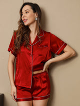 [Wijn] SilkSilky-NL Korte Mouw Notchkraag Dames Pyjama Set 005