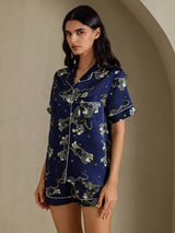 [Marineblauwe Leeuw] SilkSilky-NL Short Sleeve Notch Collar Dames Pyjama Set 003