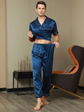 SilkSilky NL 19Momme Pure Silk Korte Mouw Revers Heren Pyjama Set Donkerblauw 008