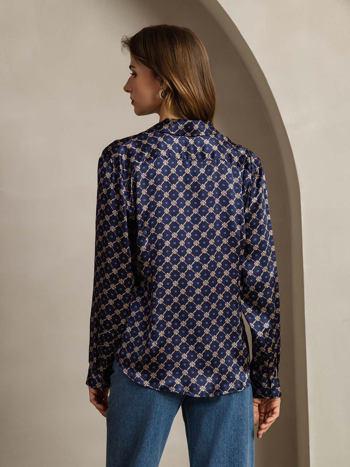 [Marine Ketting] SilkSilky-NL Zijde Lange Mouw Kraag Dames Blouse 002