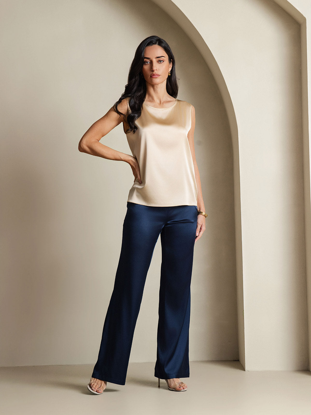 [Champagne] SilkSilky-NL 19Momme Zijde Ronde Hals Cami-Top 008