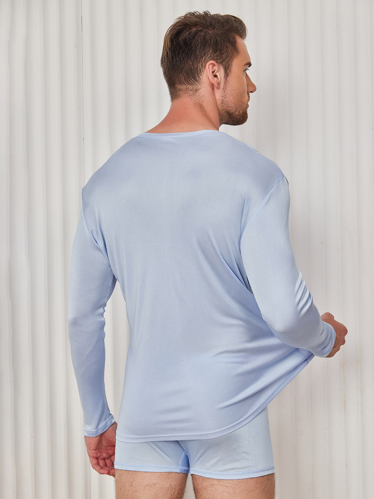 [Lichtblauw] SilkSilky-NL Zijde Gebreid Ronde Hals Heren T-Shirt 002