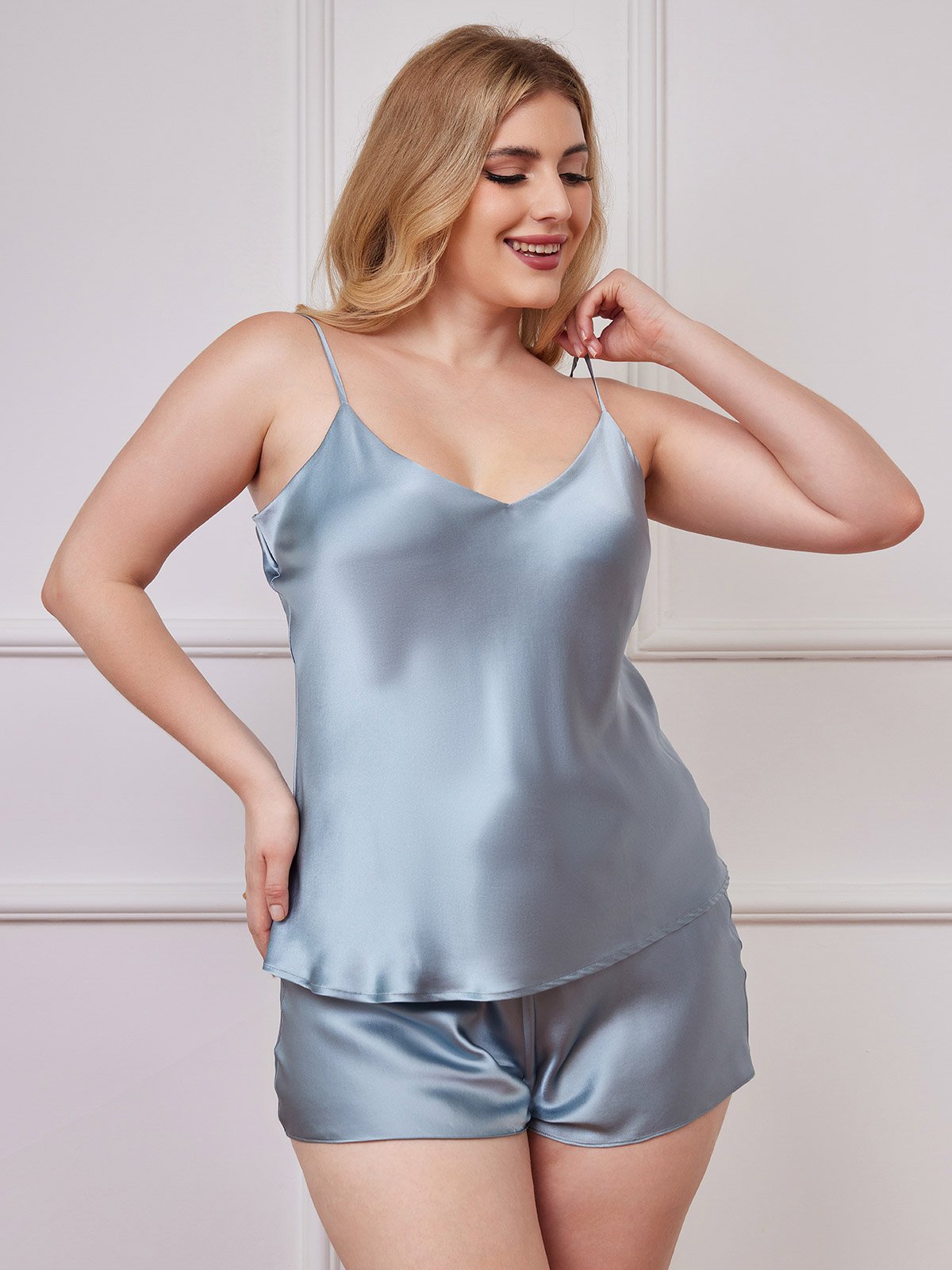 SilkSilky-NL Diepe V-Hals Grote maten Cami-Set GrijsachtigBlauw 005