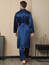 [Donkerblauw] SilkSilky-NL Pure Silk Lange Mouw Revers Heren Kamerjas 002