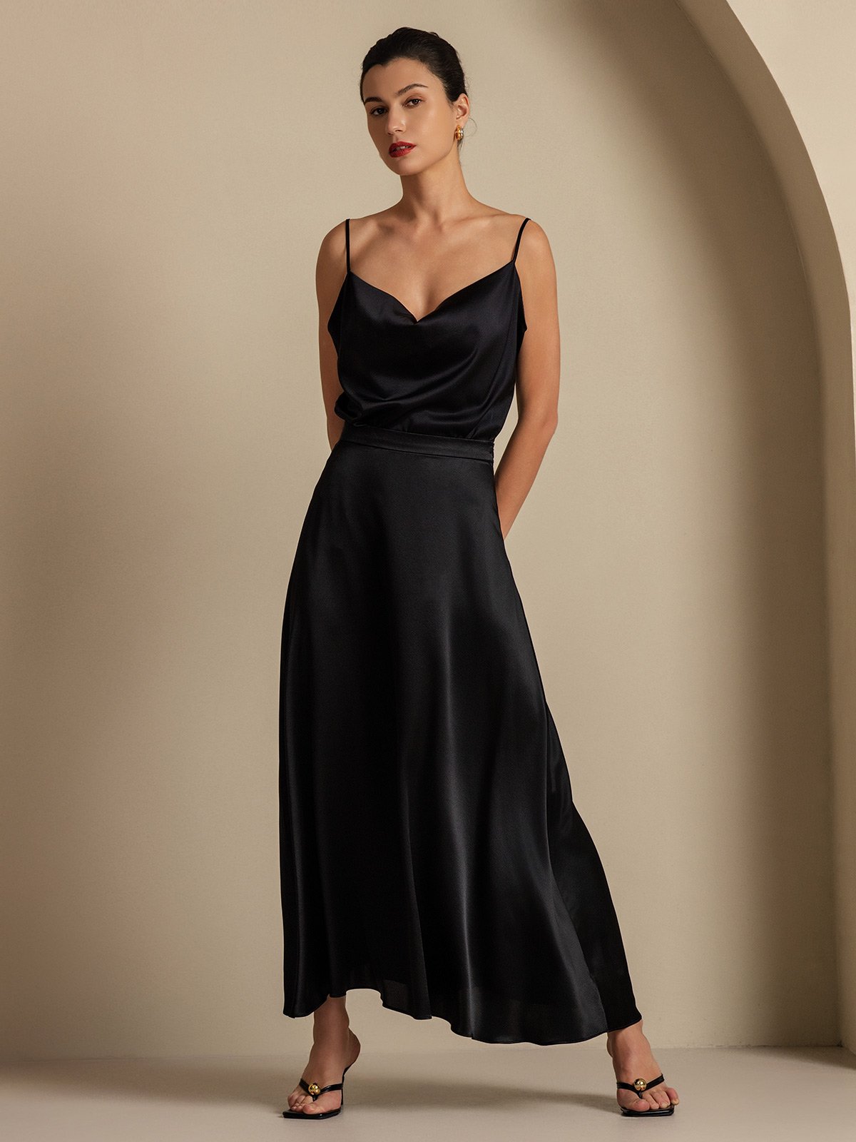 [Zwart] SilkSilky-NL 19Momme Zijde Kraag Women''s Outfit Sets 008,