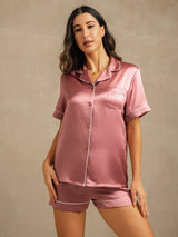 [Bleek Mauve] SilkSilky-NL Short Sleeve Lapel Collar Dames Pyjama Set 003