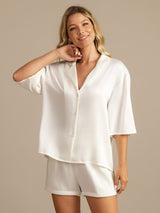 [Wit] SilkSilky-NL 19Momme Halve Mouw Notchkraag Dames Pyjama Set 005